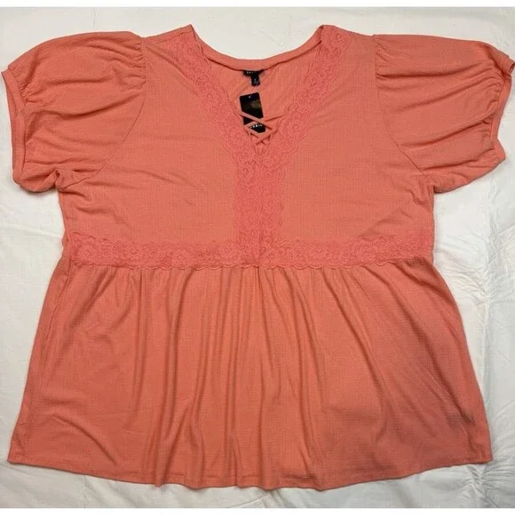 Torrid Lace Up Baby Doll Short Sleeve Top, Coral, NWT, 6X - Picture 1 of 11